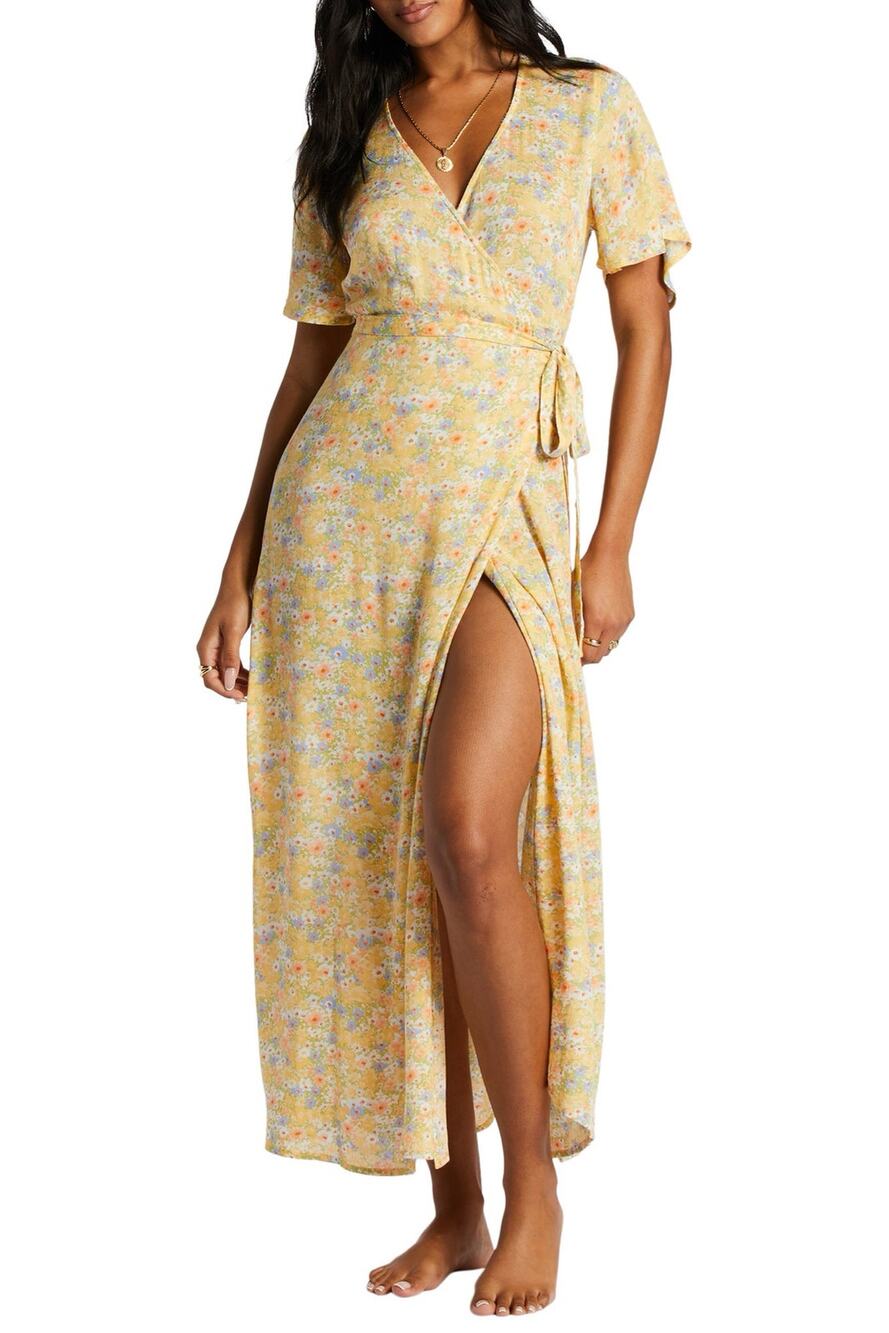 Billabong Butter Yellow Floral Print Day by Day Wrap Maxi Sun Dress Size Small
